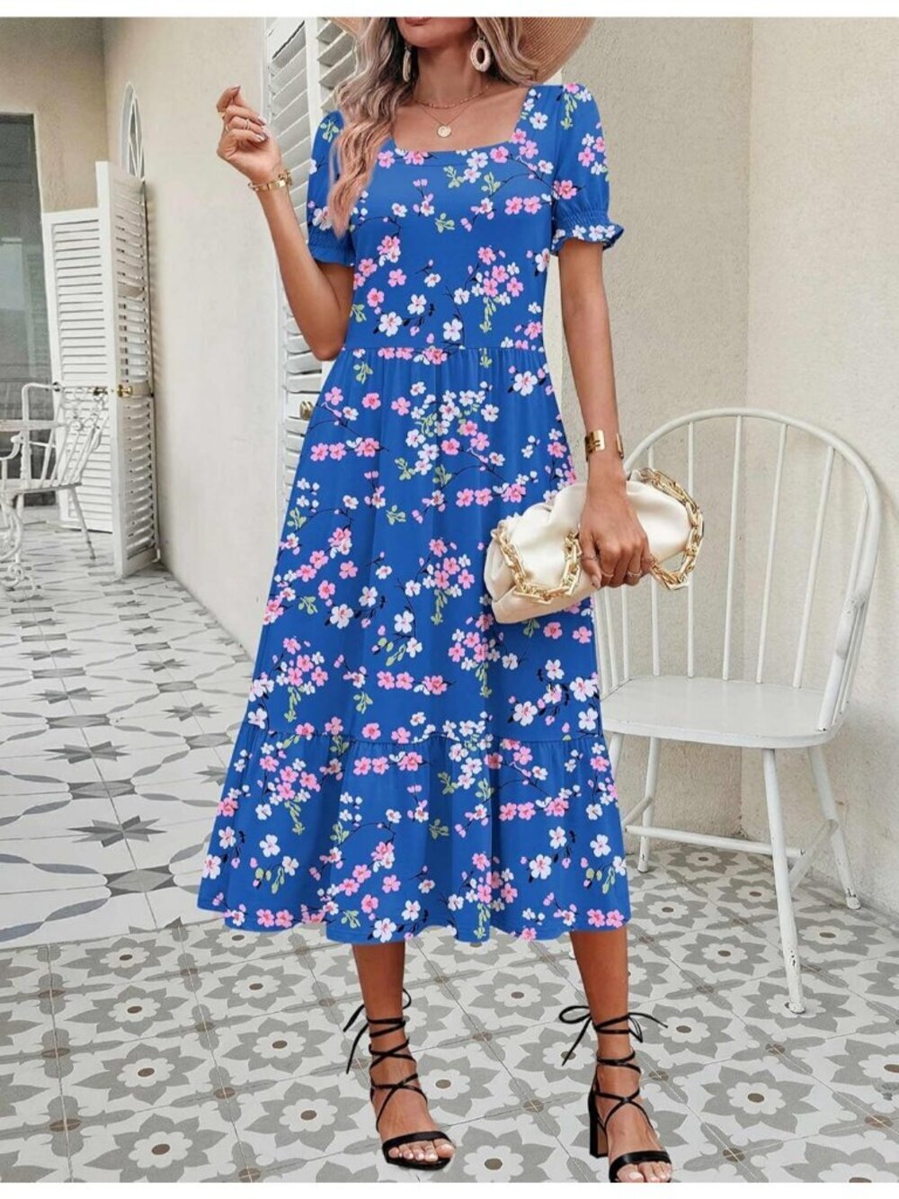 Zeagoo Women's Floral  Printed Flowy Casual Short Sleeve Tiered Midi Maxi Dress - Picture 4 of 6